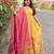 Yellow luxrious elegant position print embroidered gown paired with a contrast dupatta