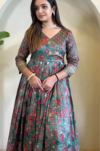 silk blend green v-neck kalamkari printed womens ethnic dress
