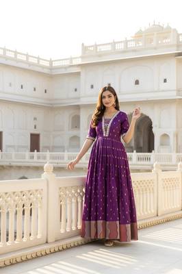 Wine zari weaving ethnic fit and flare weaving gown for women 1