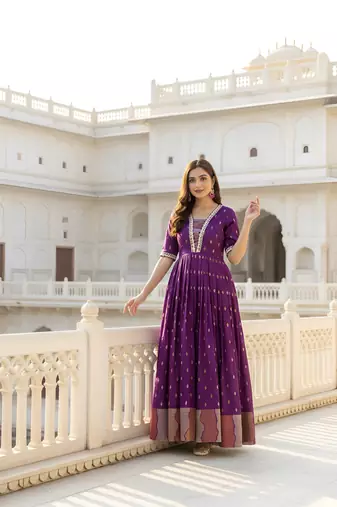 Wine zari weaving ethnic fit and flare weaving gown for women