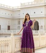 Wine zari weaving ethnic fit and flare weaving gown for women