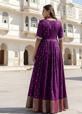 Wine zari weaving ethnic fit and flare weaving gown for women 2