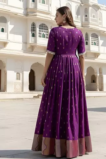 Wine zari weaving ethnic fit and flare weaving gown for women