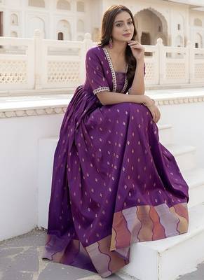 Wine zari weaving ethnic fit and flare weaving gown for women 3