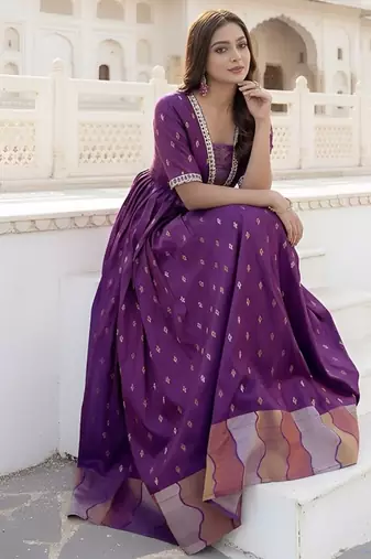 Wine zari weaving ethnic fit and flare weaving gown for women