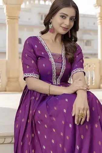 Wine zari weaving ethnic fit and flare weaving gown for women