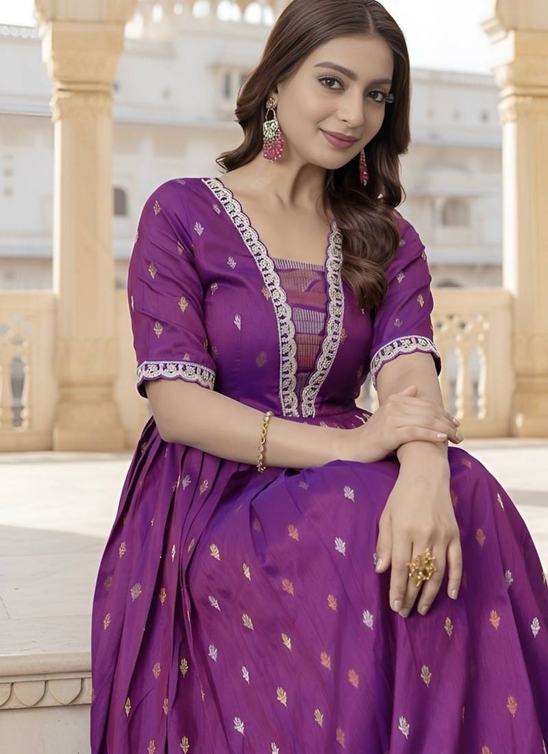 Wine zari weaving ethnic fit and flare weaving gown for women