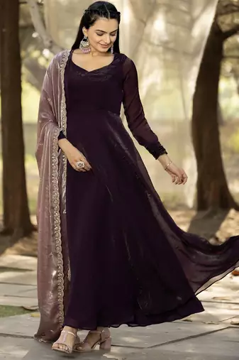silk wine ethnic gown with contrast zari embroidered dupatta for women