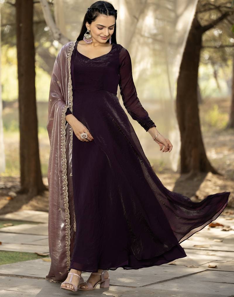 silk wine ethnic gown with contrast zari embroidered dupatta for women