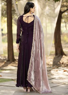 silk wine ethnic gown with contrast zari embroidered dupatta for women 2