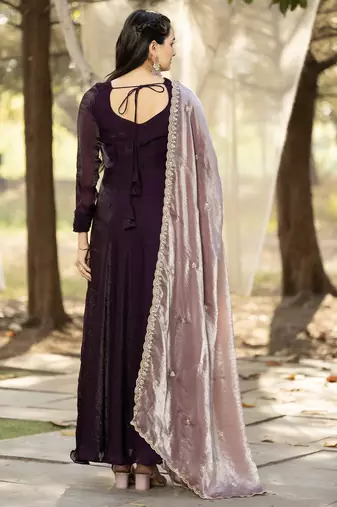silk wine ethnic gown with contrast zari embroidered dupatta for women