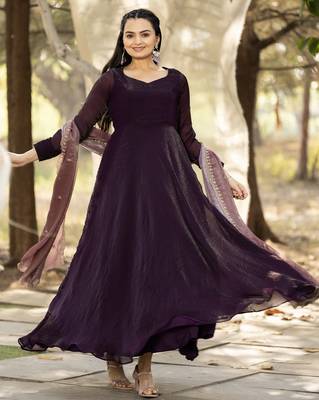 silk wine ethnic gown with contrast zari embroidered dupatta for women 3