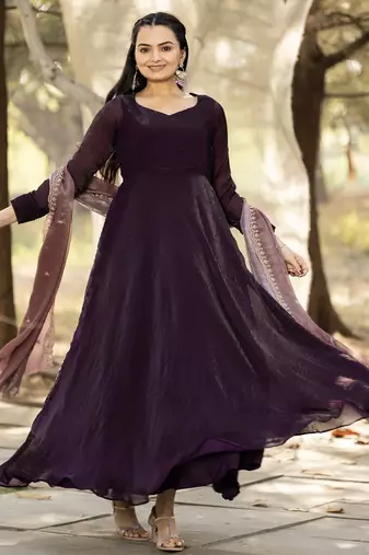 silk wine ethnic gown with contrast zari embroidered dupatta for women
