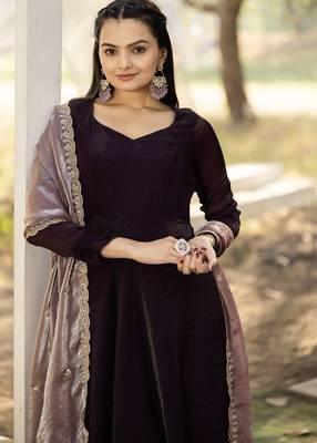 silk wine ethnic gown with contrast zari embroidered dupatta for women 4