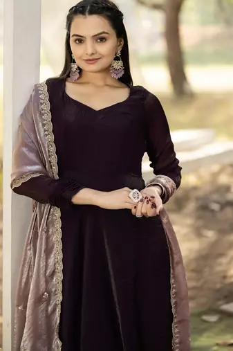 silk wine ethnic gown with contrast zari embroidered dupatta for women