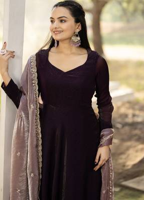 silk wine ethnic gown with contrast zari embroidered dupatta for women 5