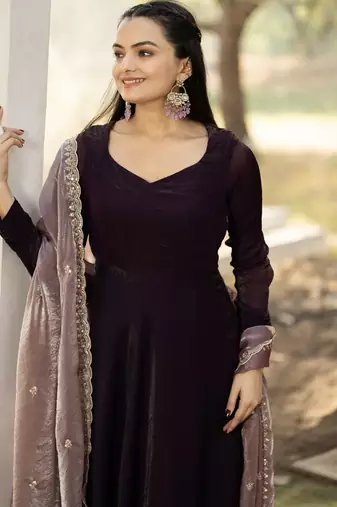 silk wine ethnic gown with contrast zari embroidered dupatta for women