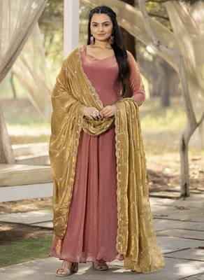womens plain silk flared gown with scalloped embroidery dupatta 1