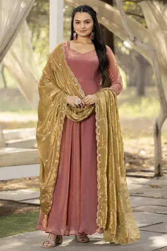 womens plain silk flared gown with scalloped embroidery dupatta