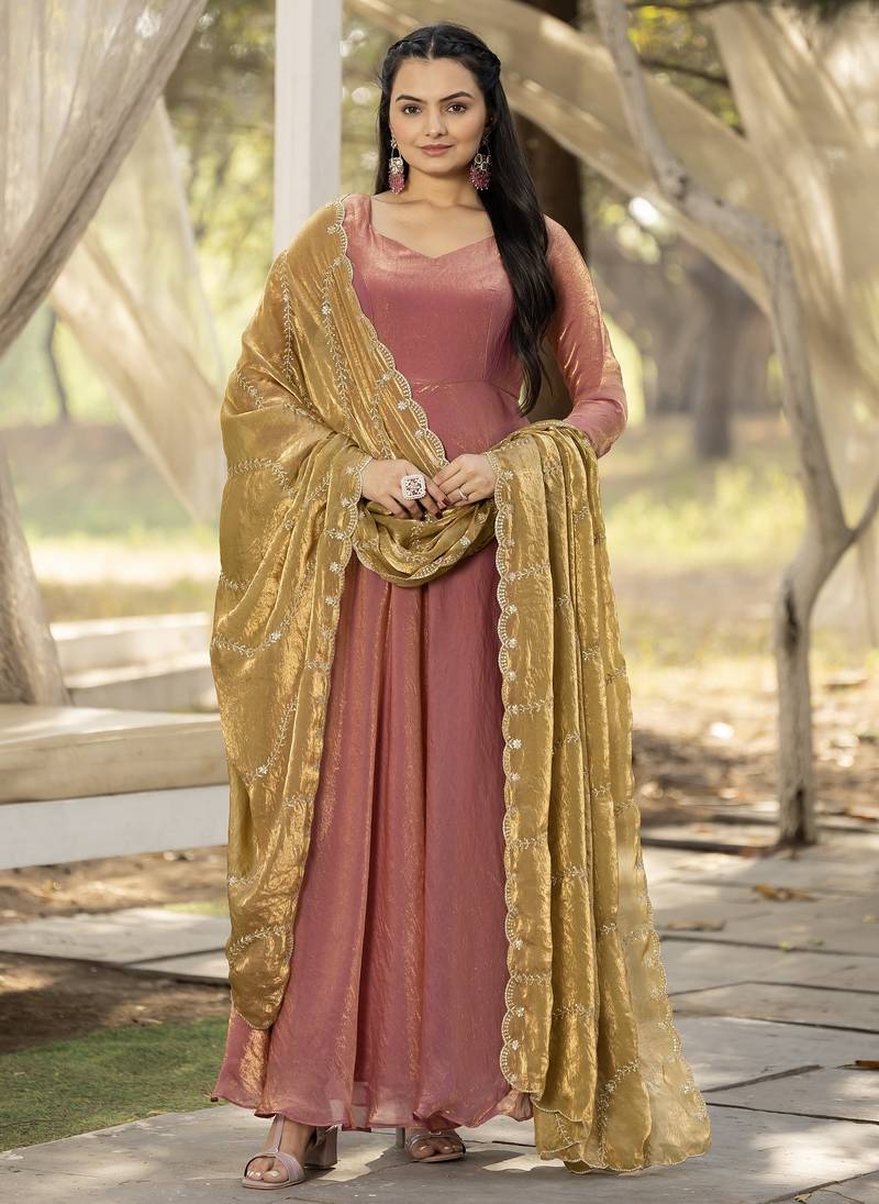 womens plain silk flared gown with scalloped embroidery dupatta