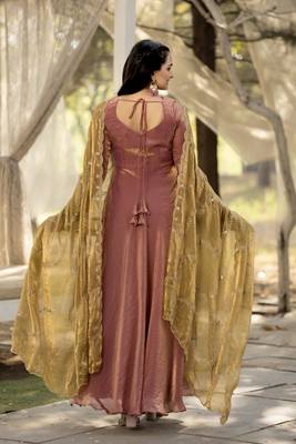 womens plain silk flared gown with scalloped embroidery dupatta 2
