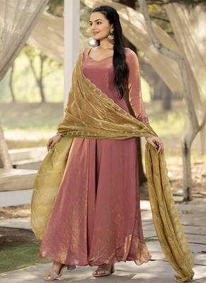 womens plain silk flared gown with scalloped embroidery dupatta 3