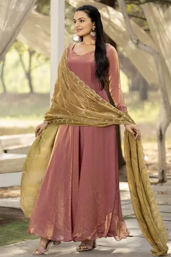 womens plain silk flared gown with scalloped embroidery dupatta