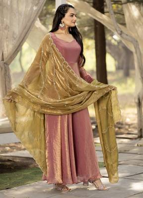womens plain silk flared gown with scalloped embroidery dupatta 4