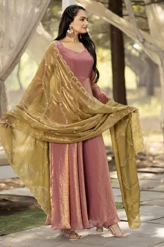 womens plain silk flared gown with scalloped embroidery dupatta