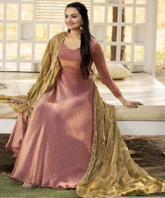 womens plain silk flared gown with scalloped embroidery dupatta 5