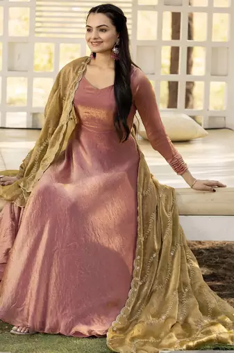 womens plain silk flared gown with scalloped embroidery dupatta