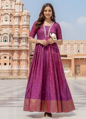 Pink zari weaving ethnic fit and flare weaving gown for women 1
