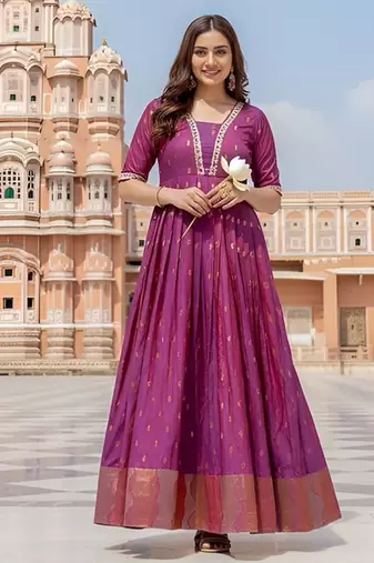 Pink zari weaving ethnic fit and flare weaving gown for women