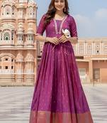 Pink zari weaving ethnic fit and flare weaving gown for women