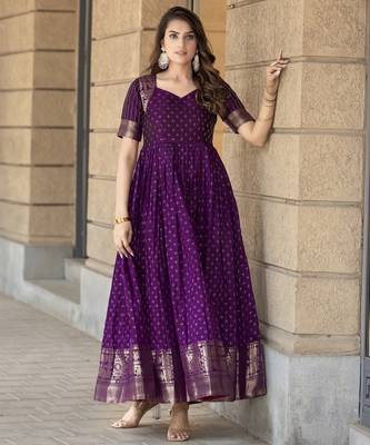 Purple traditional silk weaving fit and flare gown for women 1