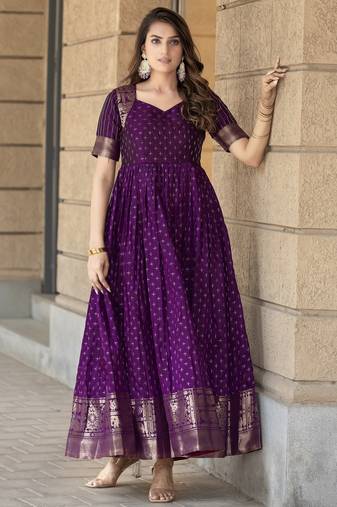 Purple traditional silk weaving fit and flare gown for women