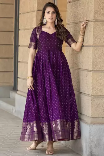 Purple traditional silk weaving fit and flare gown for women