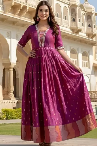 Pink zari weaving ethnic fit and flare weaving gown for women