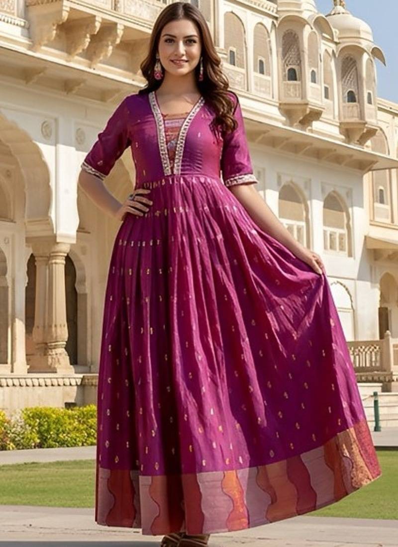 Pink zari weaving ethnic fit and flare weaving gown for women