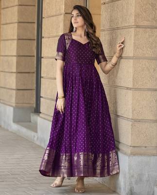 Purple traditional silk weaving fit and flare gown for women 2