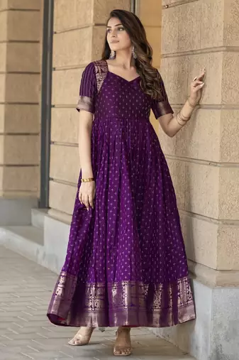 Purple traditional silk weaving fit and flare gown for women