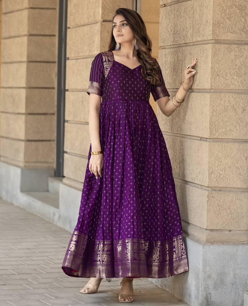 Purple traditional silk weaving fit and flare gown for women