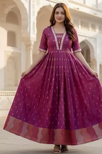Pink zari weaving ethnic fit and flare weaving gown for women