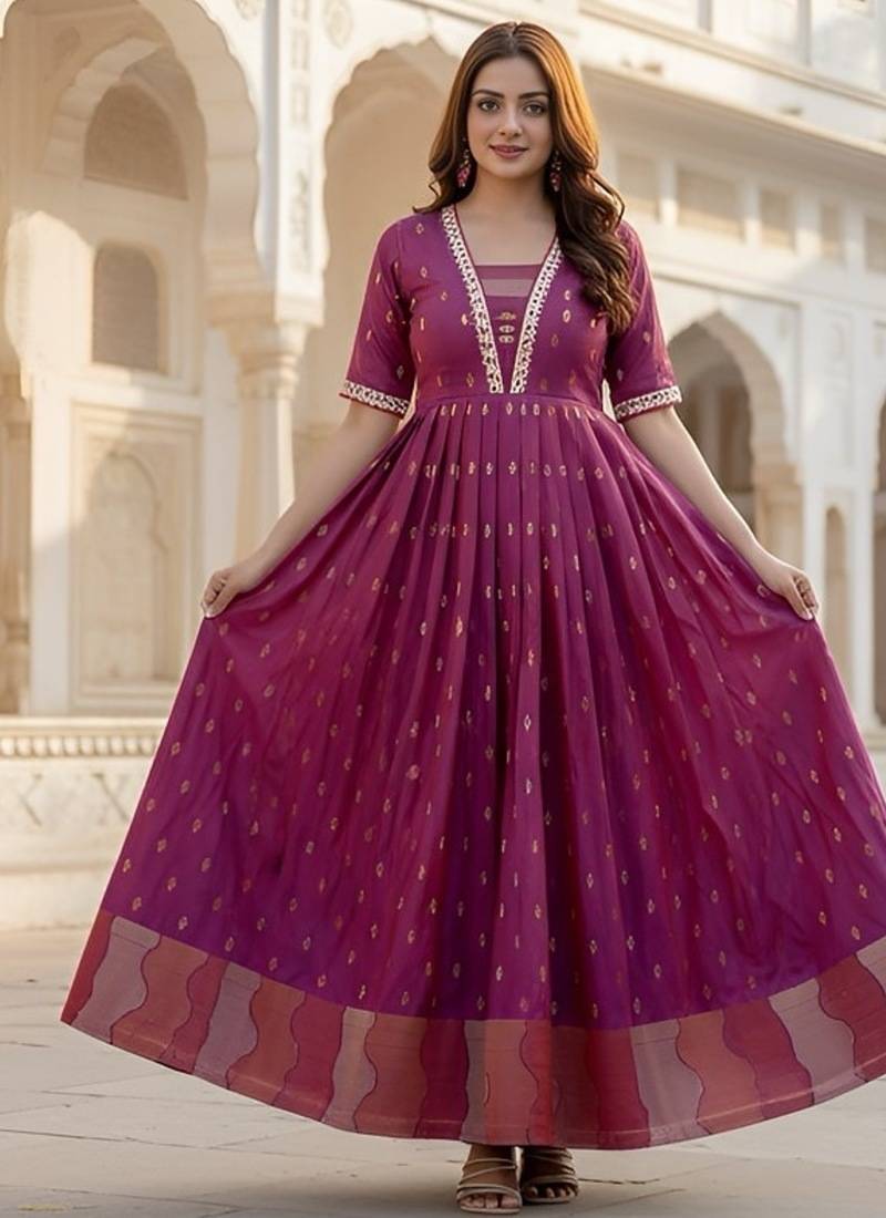 Pink zari weaving ethnic fit and flare weaving gown for women