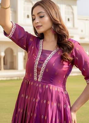 Pink zari weaving ethnic fit and flare weaving gown for women 4