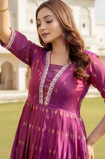 Pink zari weaving ethnic fit and flare weaving gown for women