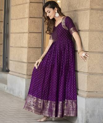 Purple traditional silk weaving fit and flare gown for women 3