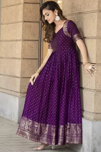 Purple traditional silk weaving fit and flare gown for women