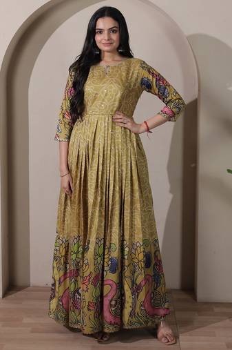 Women ethnic printed anarkali maxi dress with kalamkari motifs