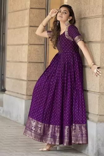 Purple traditional silk weaving fit and flare gown for women